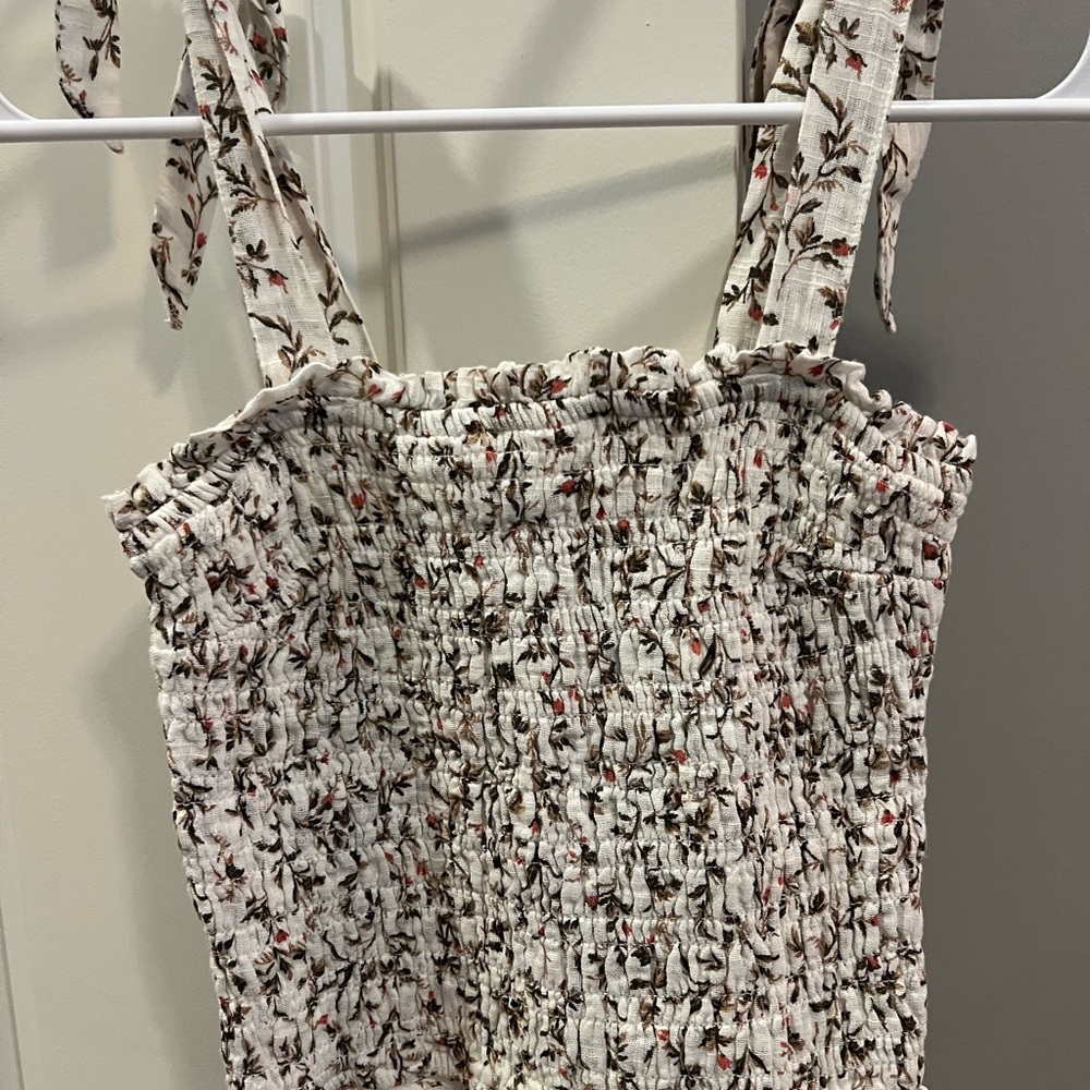 Abercrombie & Fitch Cream Floral Smocked Tank Top with Tie Shoulders